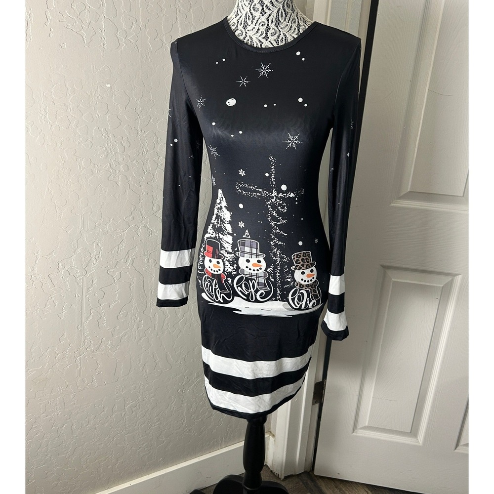 Sweater Dress Womens Small‎ Black Snowman Christmas Striped Bodycon  Long Sleeve